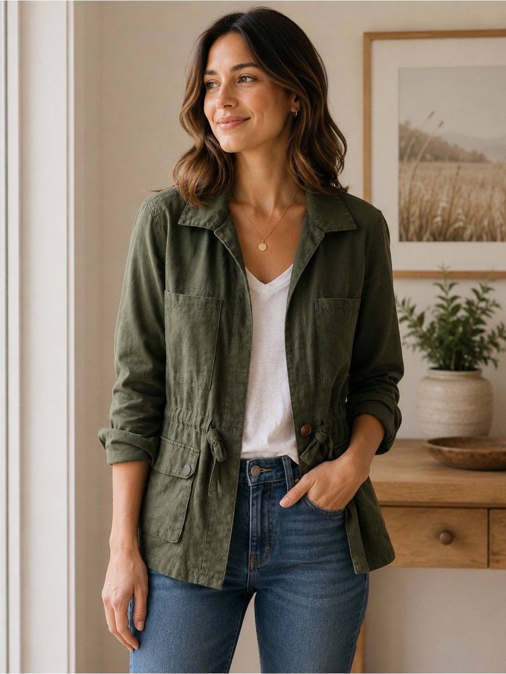 Makers of Dreams Olive Utility Jacket Small Safari Cargo Drawstring